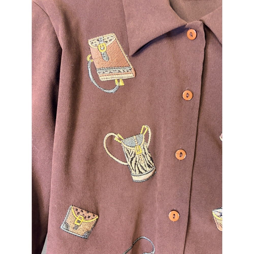 Citi Dress Brown Novelty Print Button Up Shirt Womens Size 12 Vintage - Picture 4 of 7